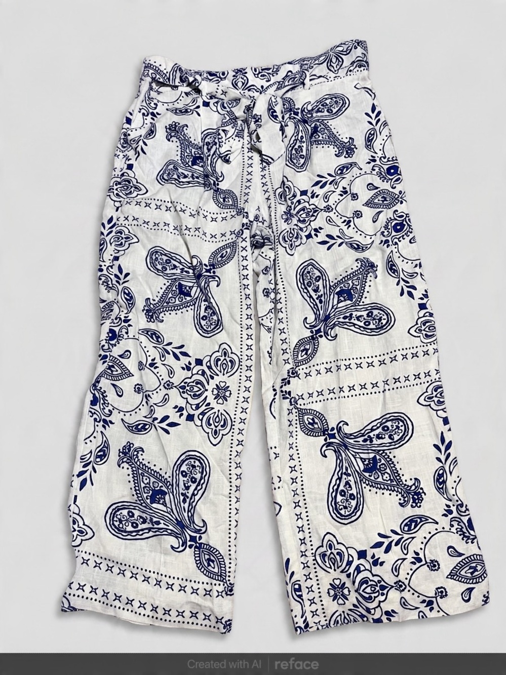Wide-Leg White Pants with Navy Paisley Print